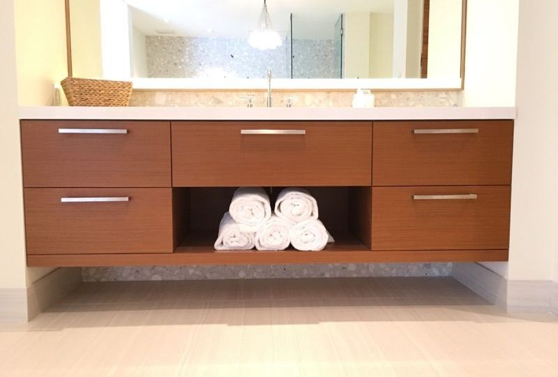 Wood Teak Veneer Vanity with open towl area